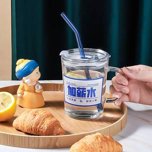 加薪水杯子吸管水杯玻璃杯果汁杯奶茶家用K带盖子喝水可爱女夏季