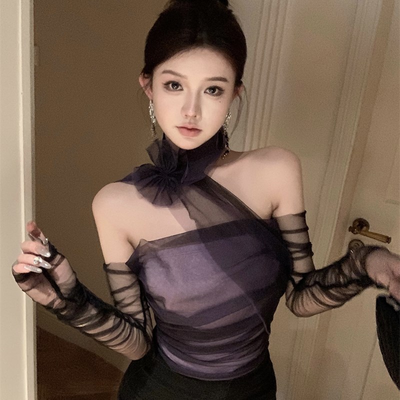 工厂销高级感网纱拼接挂脖抹胸吊y带背心女春2024新款女装带袖套