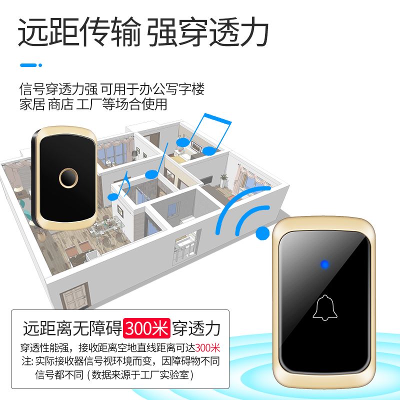 。门铃无线家用智能超远s距离自发电无线门铃开关二拖二呼叫器 防