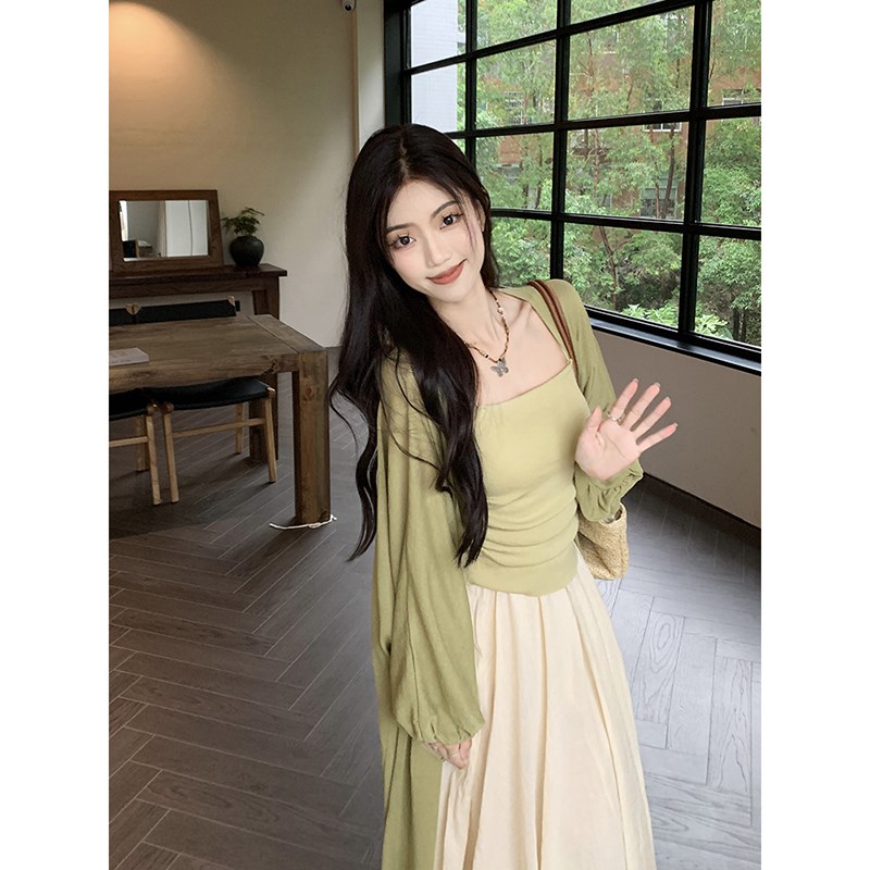 现货长款防晒开衫抽褶吊带背心中长款仙女半身裙春季2024新款时尚
