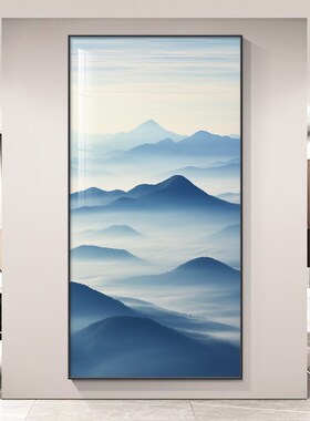 现代简约靠山图蓝色风景玄关装饰画水墨风意境入户门挂画竖版壁画