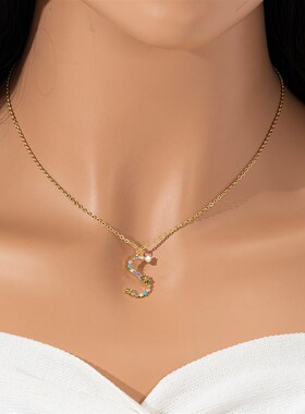 跨境欧美铜镶钻彩色锆石字母项链个性英文L吊坠小众嘻哈锁骨链饰