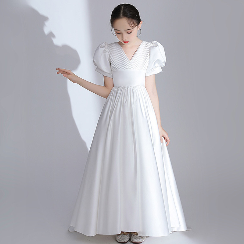 女大童晚礼服2023春夏新款缎面中学生钢琴比赛演出服儿童主持长裙