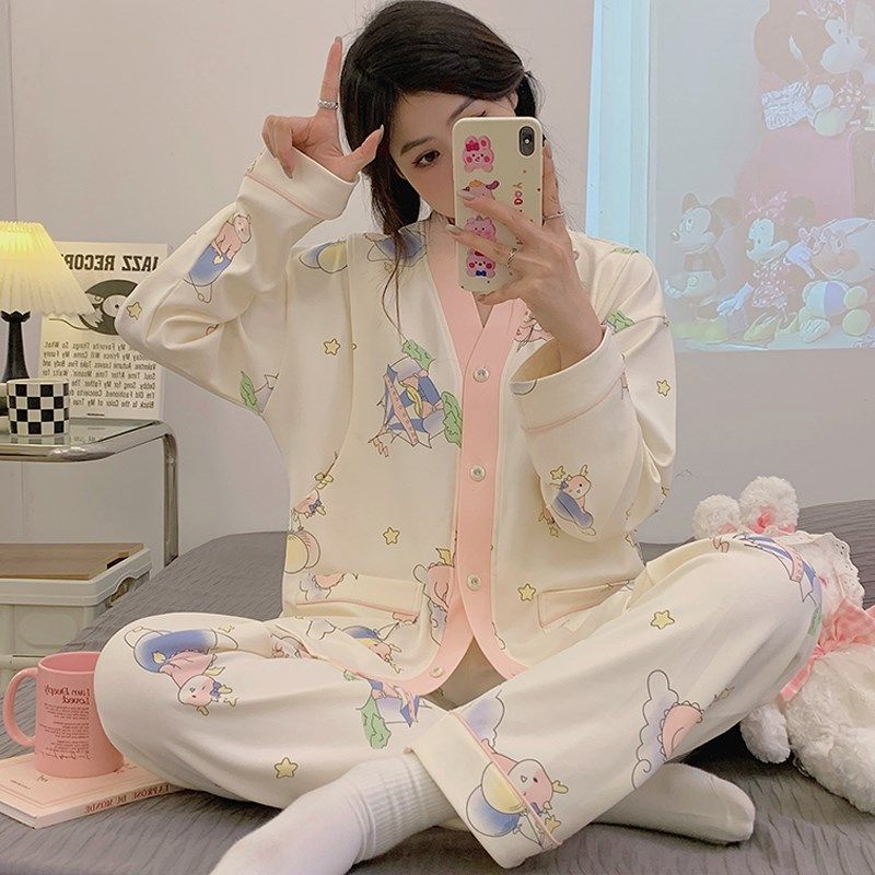 月子服春秋产后哺乳孕妇睡衣夏季薄款产妇喂奶家居服套装长袖