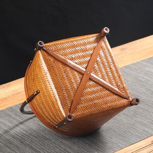 手工竹编大漆提篮家用圆形桌面收纳筐水果竹篮便携外出手提竹筐子