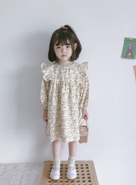 2021春秋女童宝宝p长袖韩版棉麻碎花娃娃连衣裙儿童气质公主裙潮