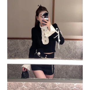 两件 秋装 搭配一整套千金感撞色木耳边短款 上衣K短裤 高级感小洋装