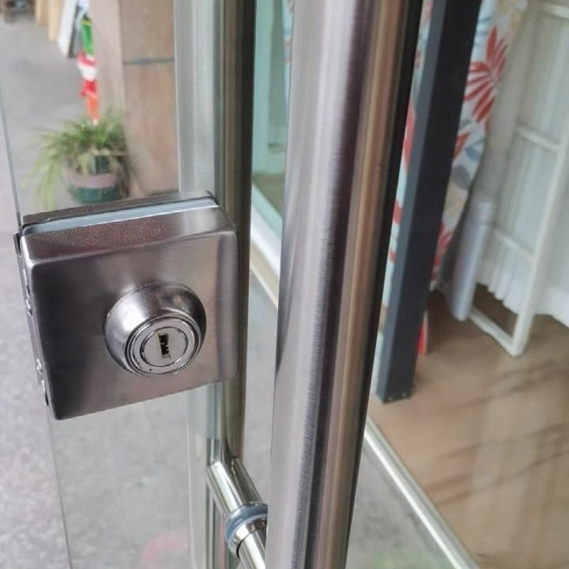 免开孔无框锁锁具双开门玻璃门锁商铺地锁不锈钢U型锁双门推拉
