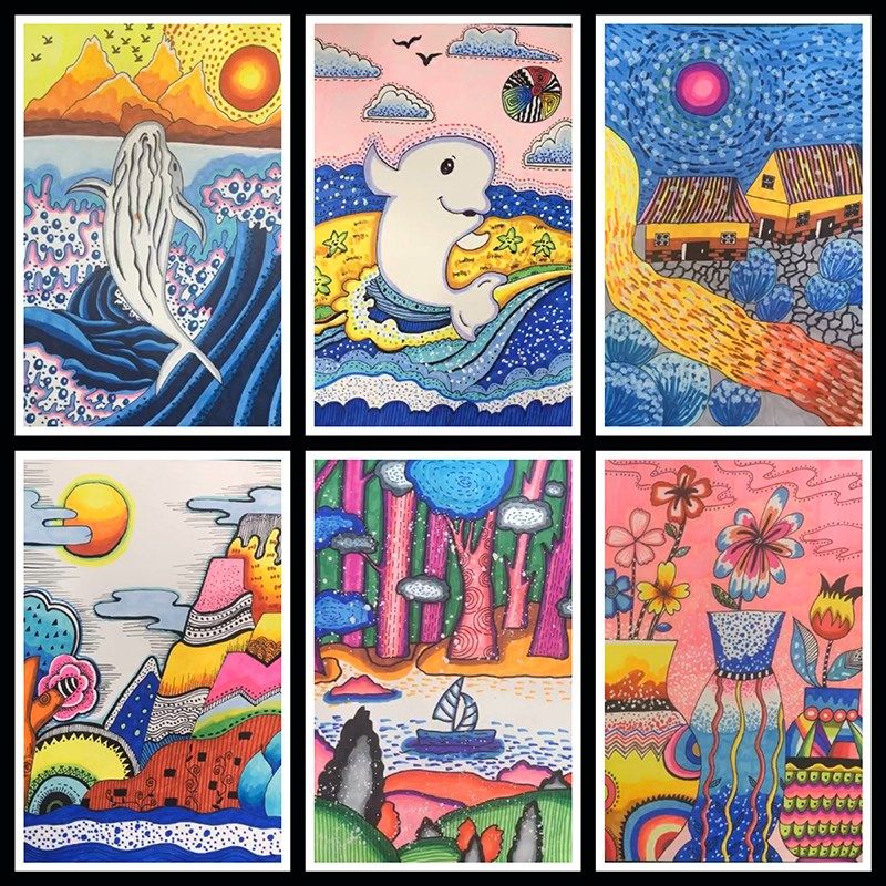 少儿美术 马克i笔彩色线条线描装饰画插画14节视频美术课