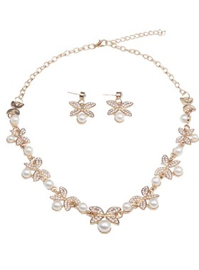 小清新珍珠花型短项链耳针首饰套装女时尚百搭精巧水钻Z锁骨链配