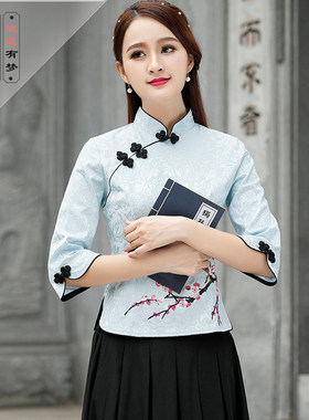 改良旗袍上衣时尚短款唐装春民国风学生套装中式茶艺服装茶服女夏