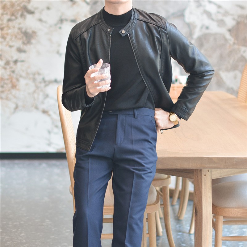 休闲复古立领修身韩版皮夹克外套男美式潮流百搭PU机车服户外皮衣