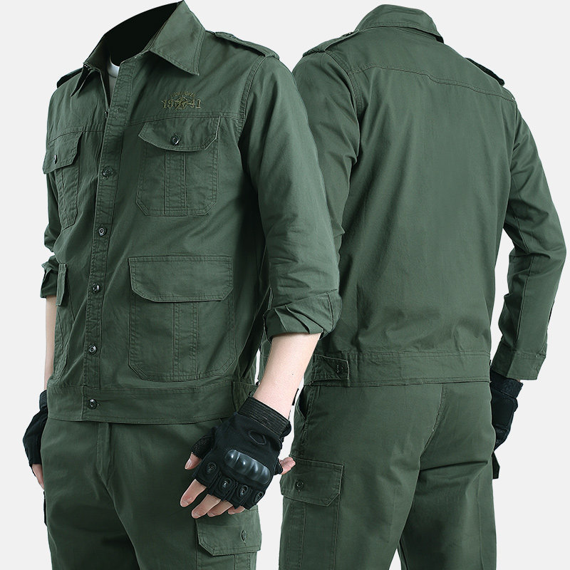 남성 작업복 정장 얇은 여름 순수 면화 긴팔 바지 육군 녹색 작업복 통기성 작업 셔츠 의류