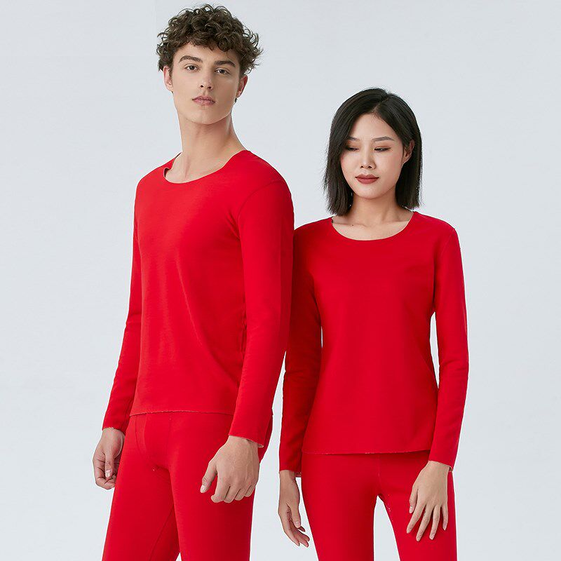 本命年大红色男士内衣结婚属兔年秋衣秋裤女士加绒德保暖套装