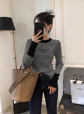 灰色打底衫女春秋内n搭长袖拼色T恤加厚磨毛紧身圆领插色正肩上衣