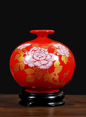 新品德化陶瓷中j国大红色富贵花瓶摆件天地方圆结婚新中式开业乔