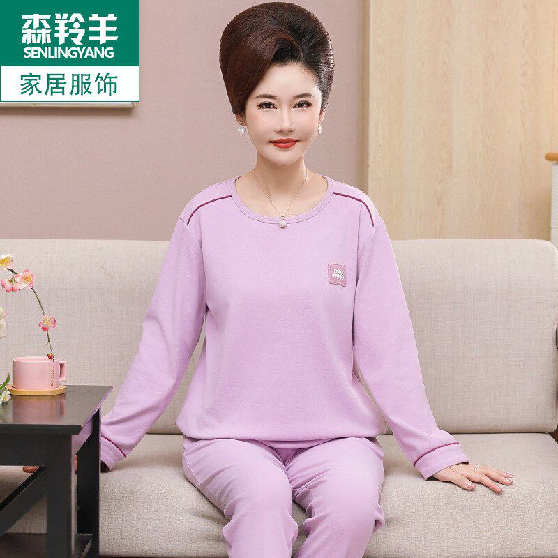 秋冬季德绒中老年睡衣女款长袖加厚加绒保暖套头妈妈款家居服套装