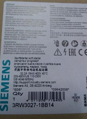 15kW软启起动器3RW3027-1BB14/1B端04螺钉B 32子A 400V现货