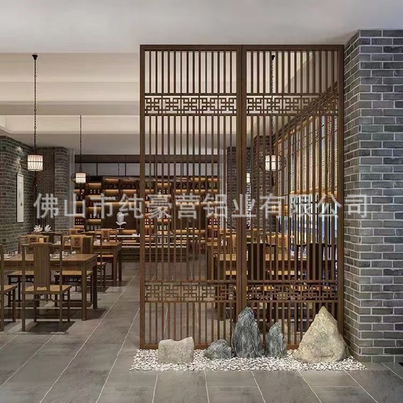 新中式屏风隔断窗花客厅铝合金格栅客厅雕刻镂空R扶栏挂落凉亭直