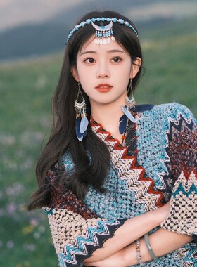 复古民族风蓝色披肩女云南川西旅行穿搭针织斗篷新疆西藏草原外套