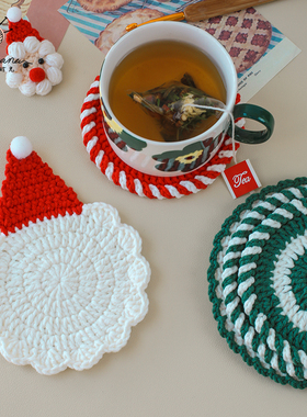 耶诞节手工编织隔热垫杯垫tdiy钩针材料包创意耶诞老人桌面装饰垫