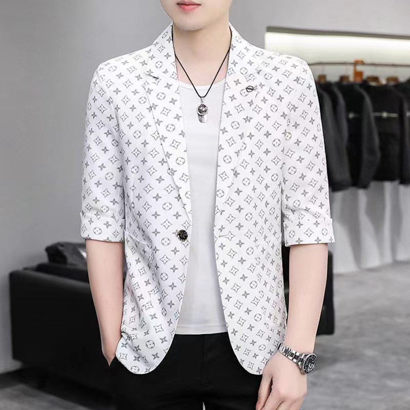 七分袖印花小西服男夏季潮流修身中袖西装外套男士韩版休闲男装潮