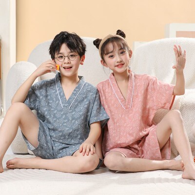 儿童汗蒸服女男童女q孩双层纱亲子情侣装睡衣大童小童浴服