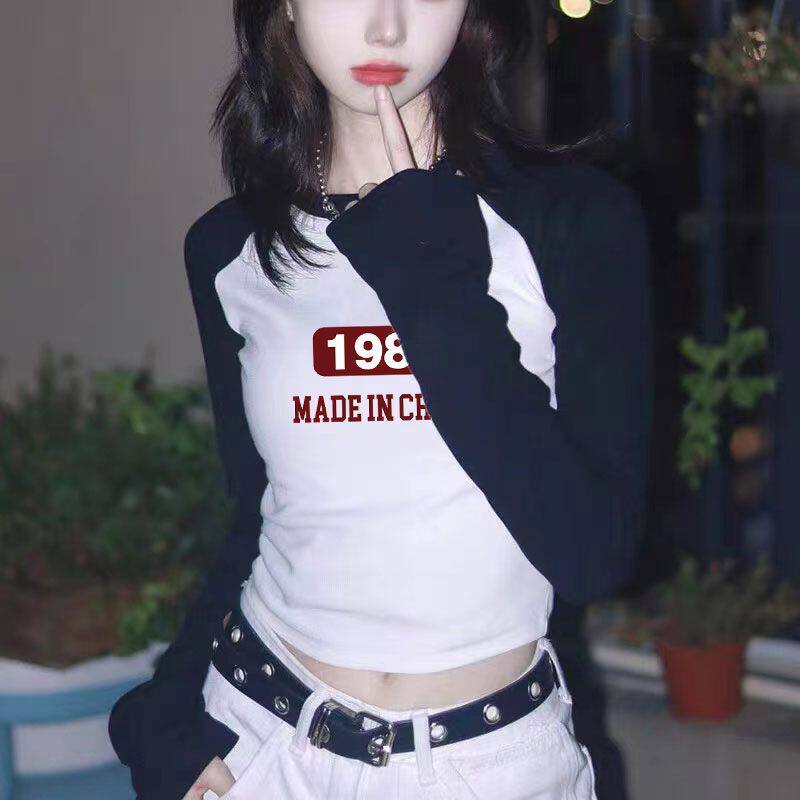 撞色插肩长d袖t恤女2024年秋季新款设计感内搭短款修身甜辣小上衣