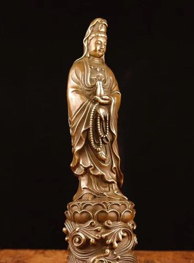 铜莲花观音摆件黄铜站观音菩萨家用玄关桌面供养手持念珠净瓶观音