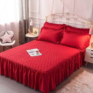 红色结婚用 床套单m件床单床罩女方大红色婚庆婚房夹棉加厚防滑