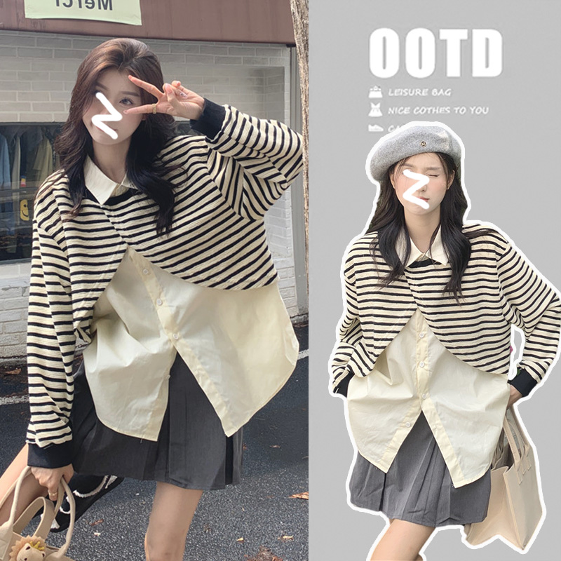 哺乳秋冬装长袖韩版厚棉T假两件衬衫F产后显瘦哺乳上衣外出穿辣妈