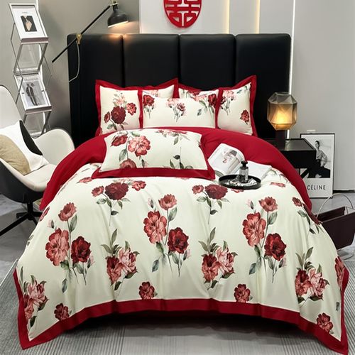 简约印花新婚庆四件套红色床单被套喜被高档结婚床上用品婚嫁婚房