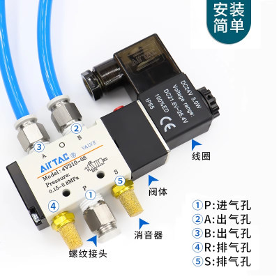 电磁阀4V110/210/310/410/-M5/06/08/10/15二位五通换向气阀DC24V