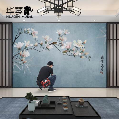华琴新中式电视背景墙壁纸 影视墙墙布 客厅壁布卧室墙纸花鸟壁