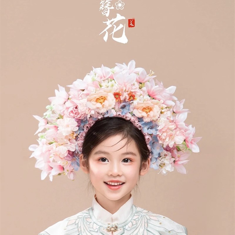 工厂销儿童摄影道具簪花头饰双面绢花发I箍汉服配饰搭配仿真花手