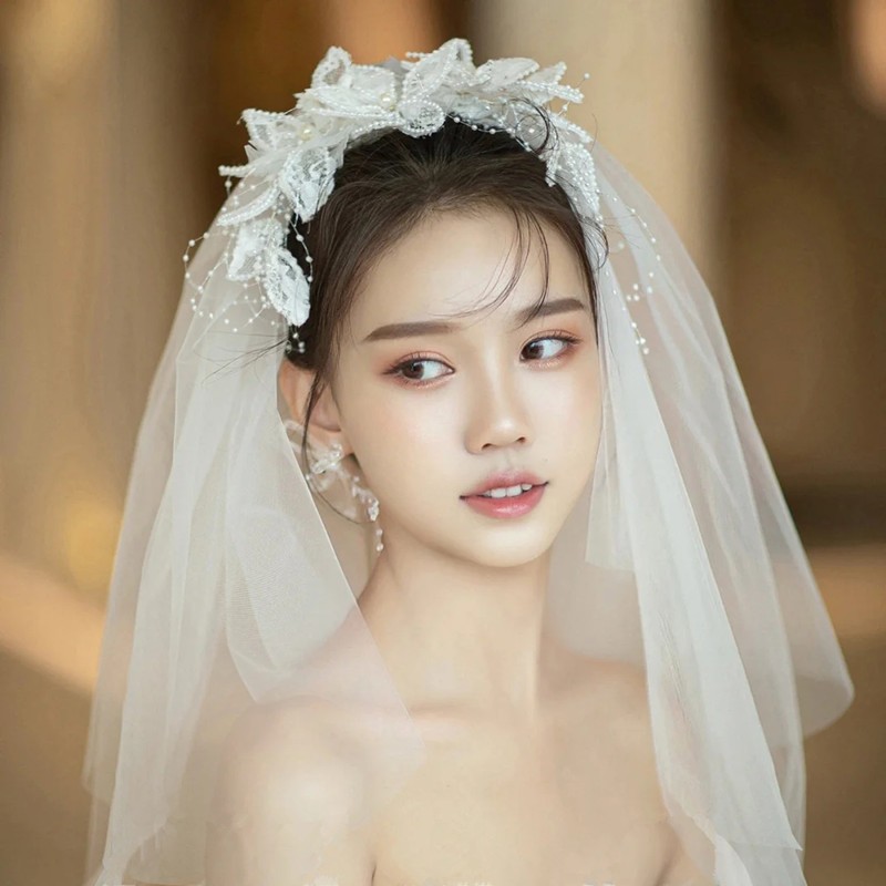 结婚轻纱造型花朵头纱仙气满满韩式新娘跟妆迎宾气质头饰拍照道具