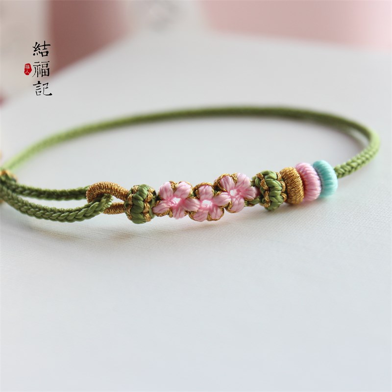 结福记桃花手工编织红绳手链女学生韩版简约个性森系小众设计手绳