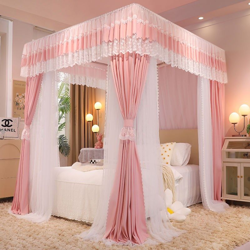 蚊帐家用卧室遮光床帘支架一体式蚊帐三开门双层床幔公主风防尘顶