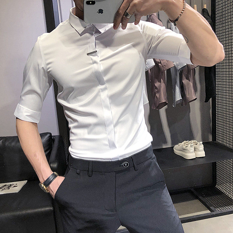 衬衫男短袖夏季冰丝薄款白色高级感衬衣修身韩版商务休闲半袖上衣