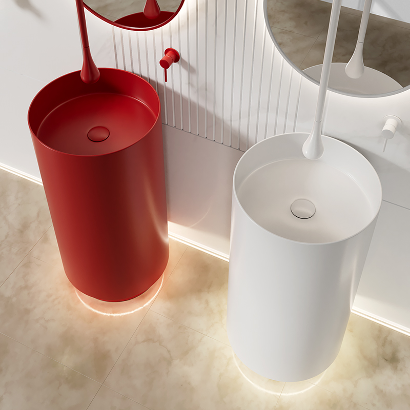 红色不锈钢立柱盆落地式一体圆形洗手盆酒店民宿卫生间洗脸盆面盆