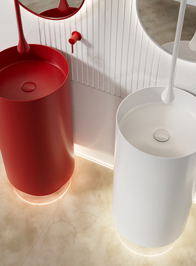 红色不锈钢立柱盆落地式一体圆形洗手盆酒店民宿卫生间洗脸盆面盆