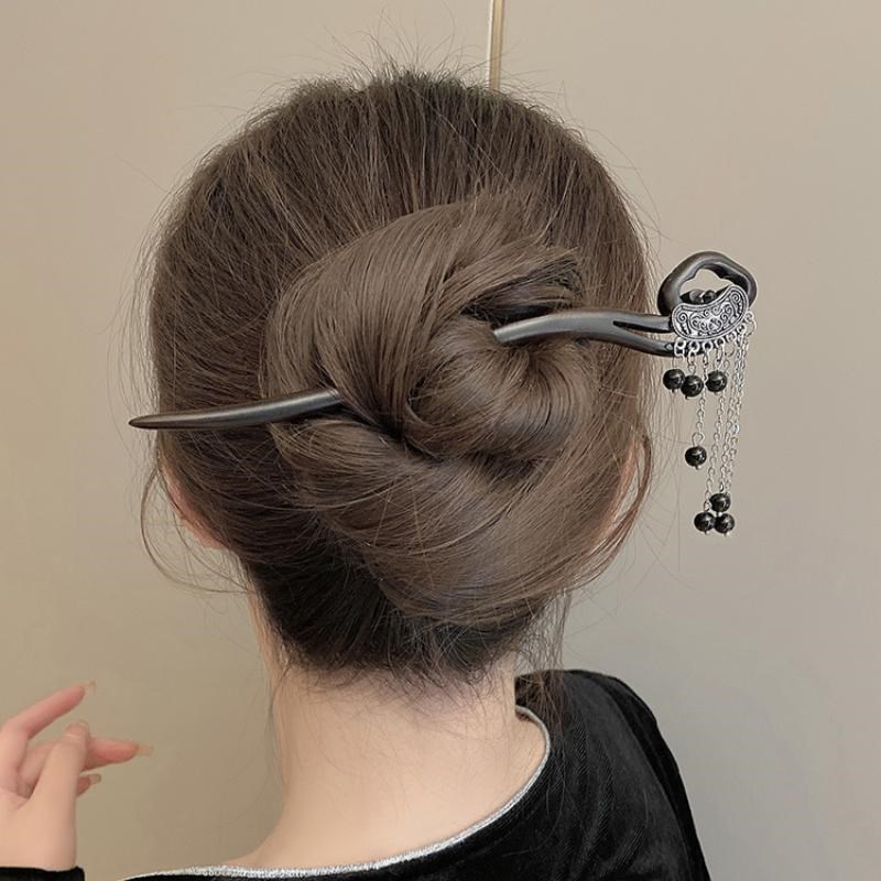 现货黑檀木发簪女银锁流苏小x众设计步摇簪子古风头饰挽发叉子汉