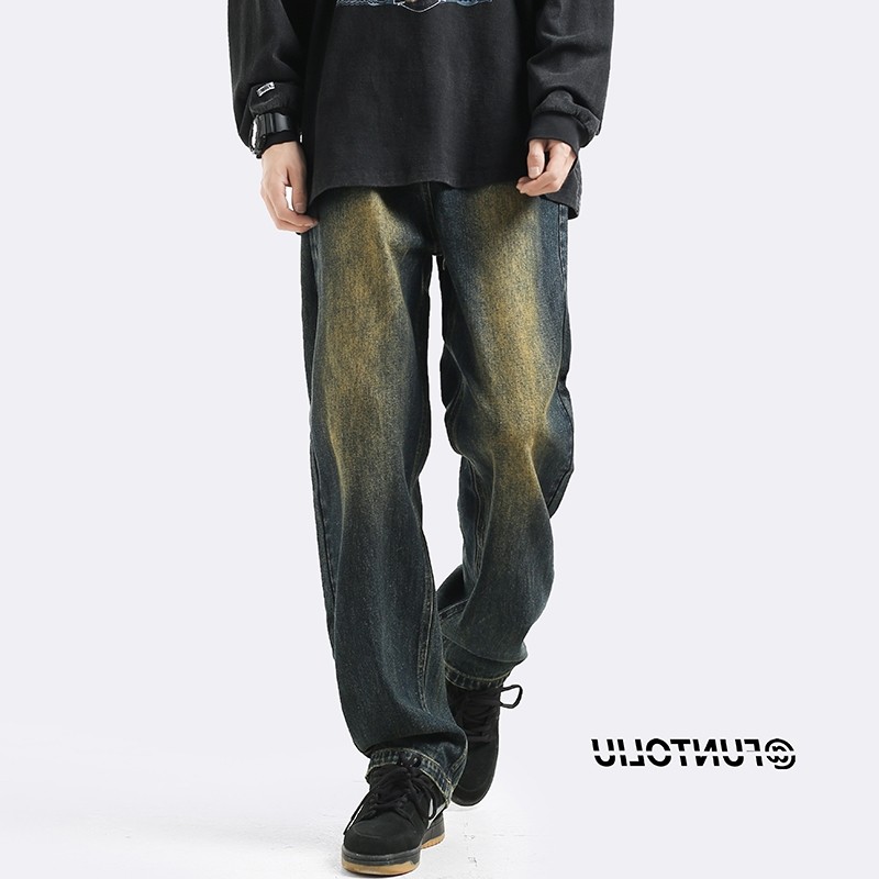 复古黄泥色牛仔裤男秋冬美式高街宽松直筒裤水洗渐变阔腿休闲长裤