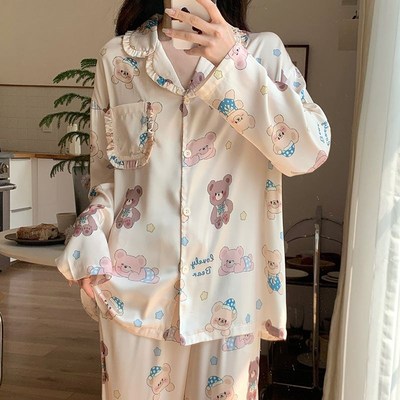 冰丝睡衣女春秋季新款长袖长裤甜美可爱卡通冰雪丝家居服套装薄款