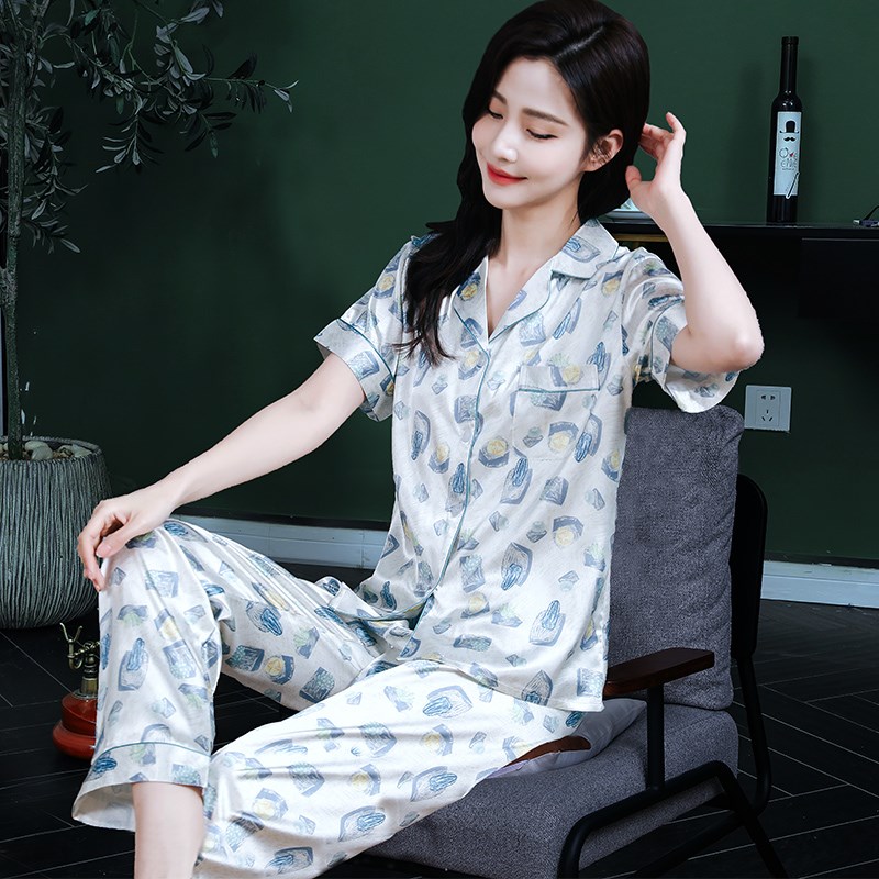 春夏季睡衣女薄款丝绸两件套甜美冰丝开衫加大码长裤家居服可外穿