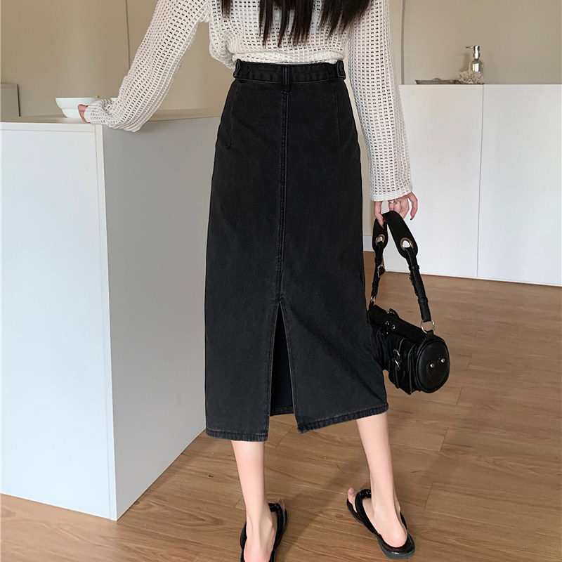 高腰开叉牛仔半身裙女大码胖mm设计感显瘦a字直筒.包臀裙子夏