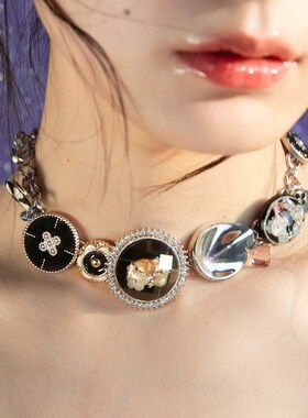 《落日珊瑚》黑色镶嵌花粉水晶项链钛钢链条防掉色 2W023年开新款