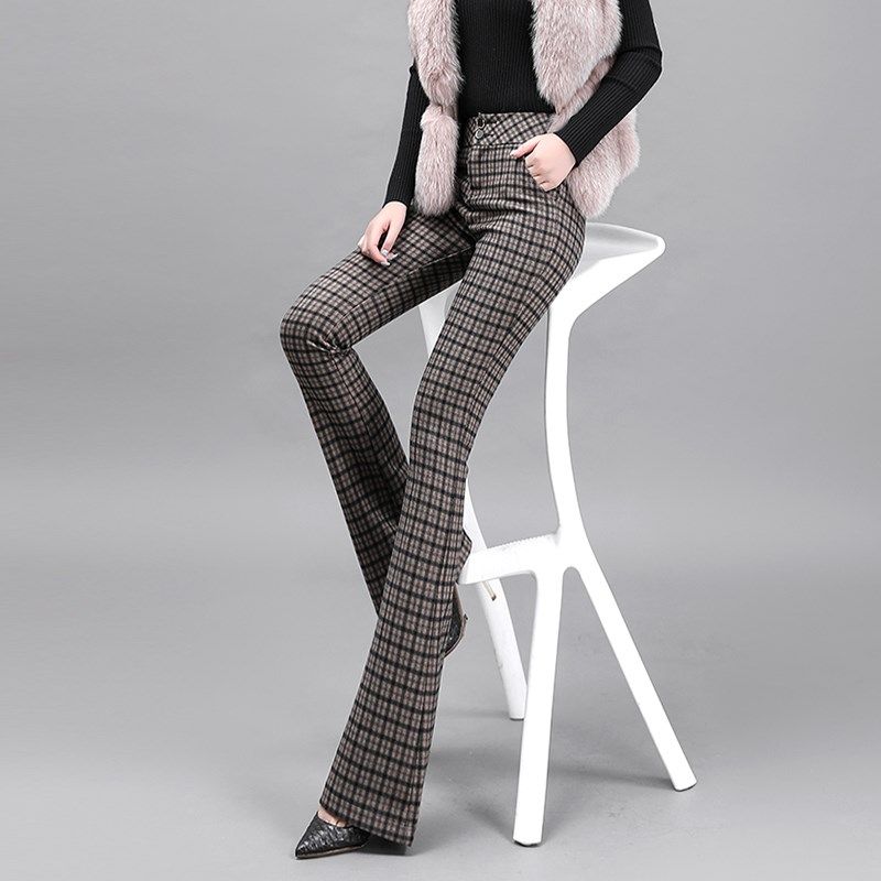 女裤子秋冬2023新款显瘦百搭微喇叭裤加厚保暖高腰修身格子长裤女