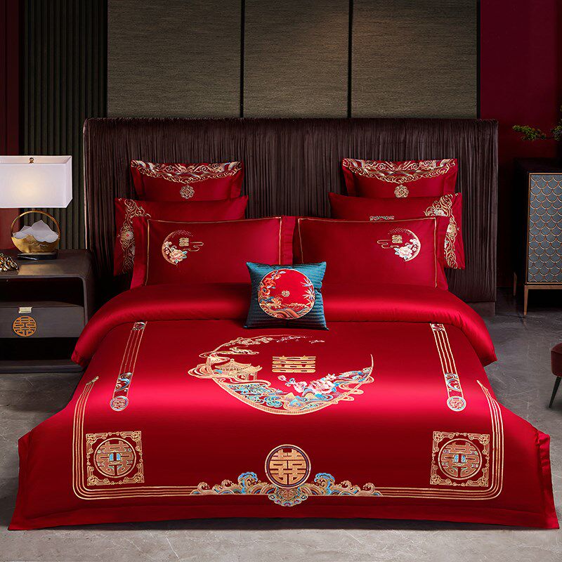 全棉婚庆四件套大红色刺绣新婚床单结婚喜被婚房陪嫁床上用品,床上用品,婚庆床品套件,淘宝优惠券,粉丝福利购,淘宝优惠卷