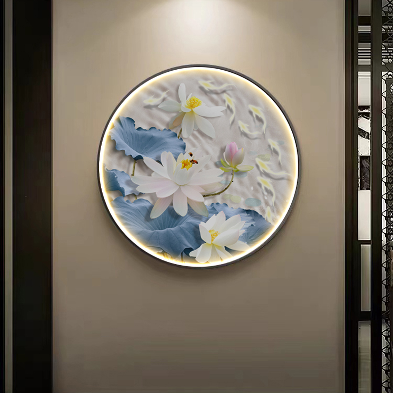 荷花九鱼图玄关装饰画圆形挂画入户正对门墙画走廊过道壁灯画图片